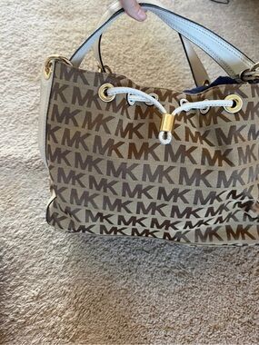 Michael Kors Brown MK Logo Drawstring Shoulder Bag with White Trim